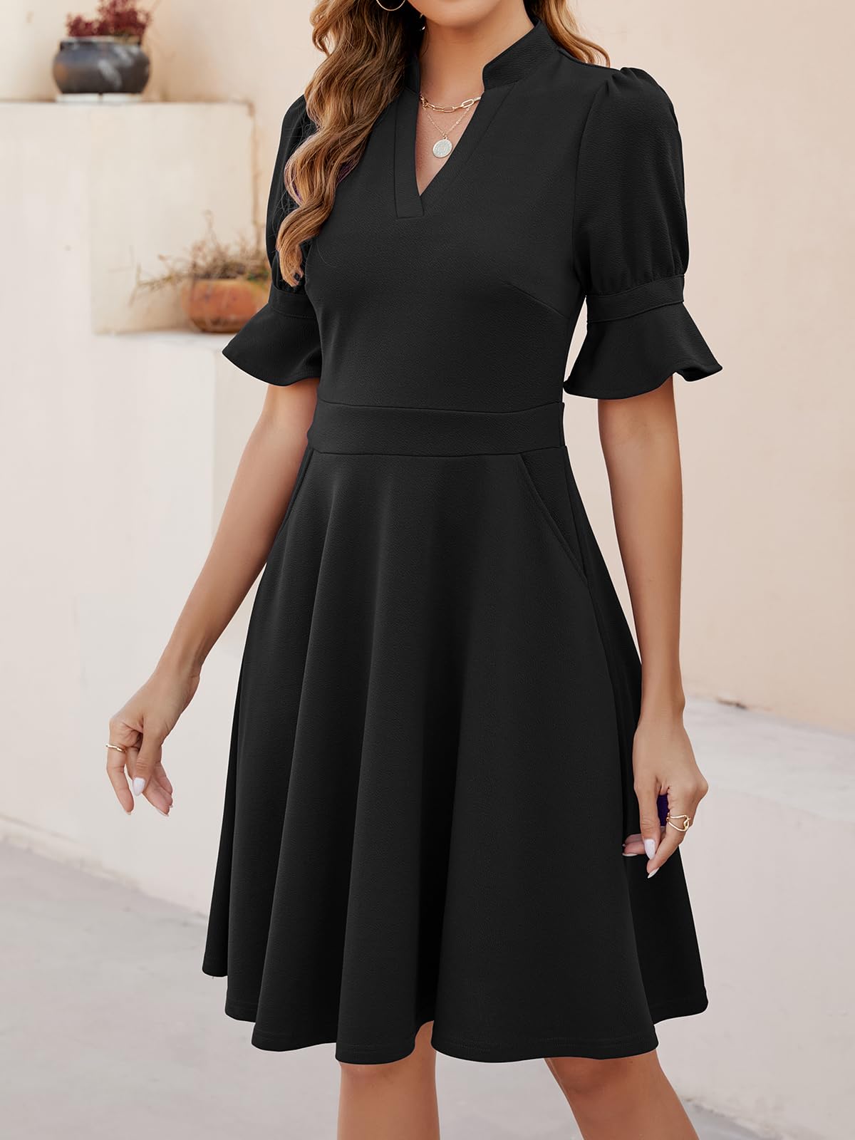 DingJiDress Wedding Guest Dress V Neck Ruffle Short Sleeve Fit and Flare Knee Length Church Wedding Guest Dresses with Pockets Formal Wear Dresses Evening Dress