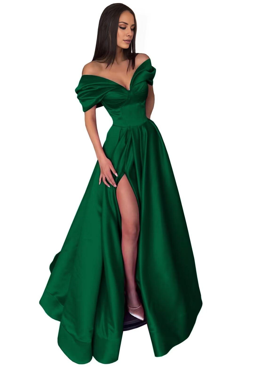 A-Line Evening Gown High Split Dress Black Dress Formal Carival Floor Length Short Sleeve Off Shoulder Satin with Pleats Slit