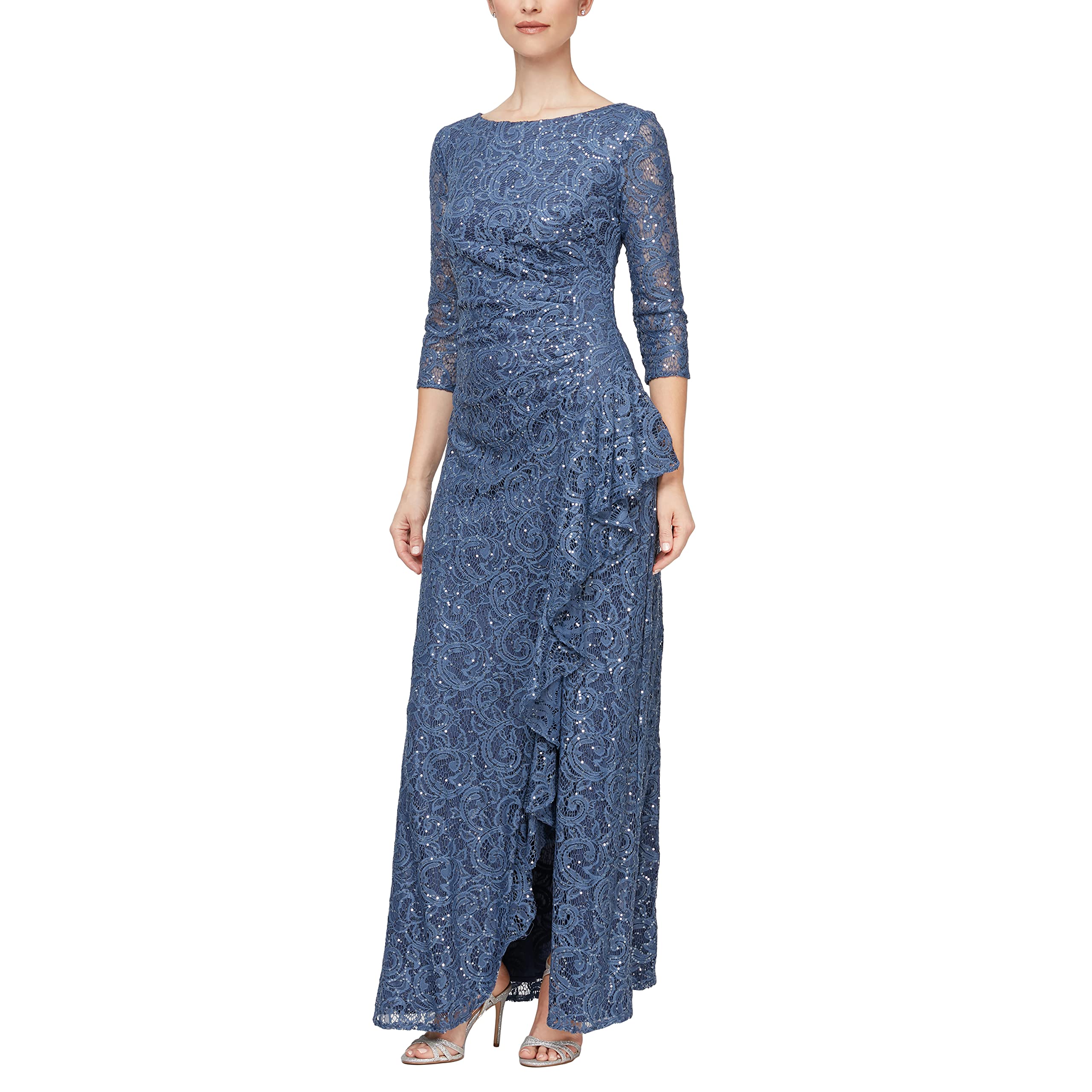 Mother of the Bride or Groom Dresses Round Neck Long 3/4 Sleeve Ruffle and Front Slit Formal Dress Wedding Guests Dresses