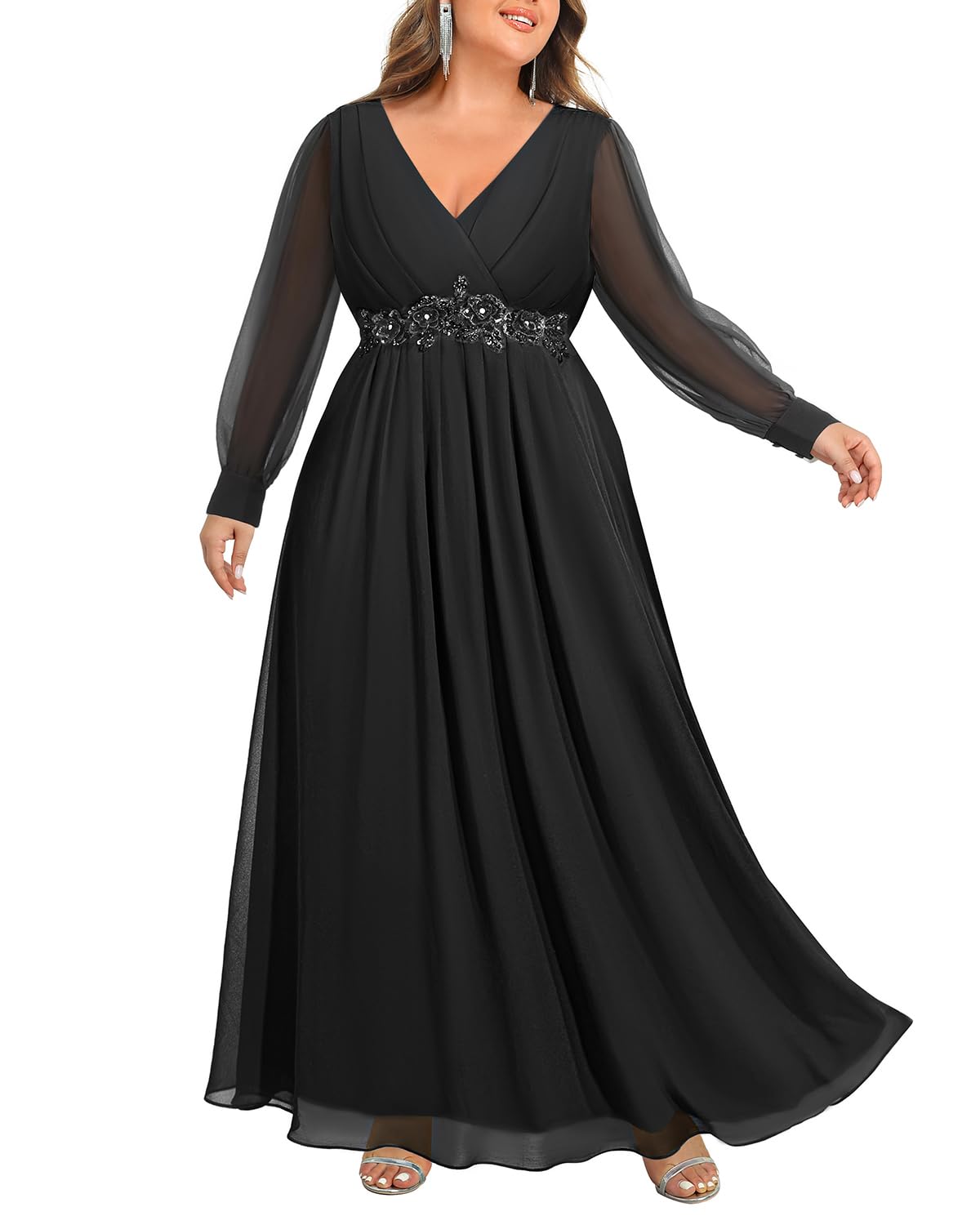 Mother of the Bride or Groom Dresses Fashion Women Plus Size Long Sleeve Applique Chiffon Maxi Dress Formal Dress Wedding Guests Dresses