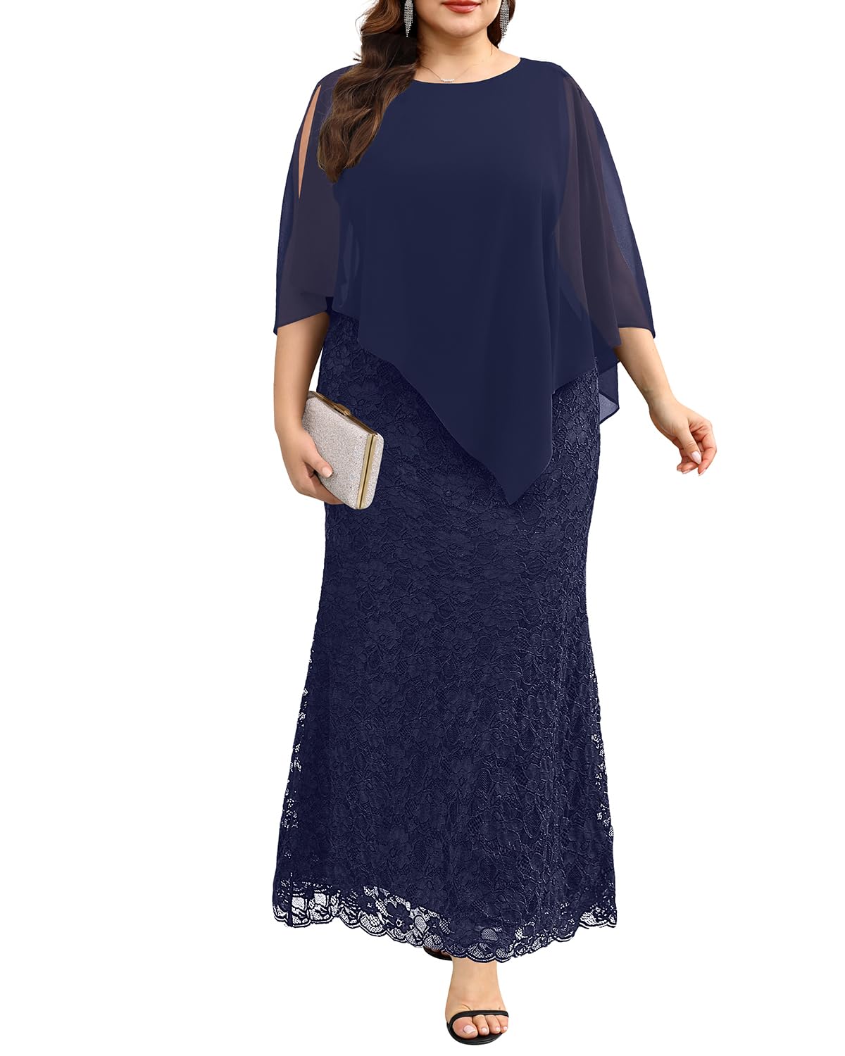 DingJiDress Mother of the Groom / Bride Dresses Plus Size Cape Dress with Chiffon Overlay Gown Lace Long Mermaid Dresses Formal Dresses Wedding Guest Dress