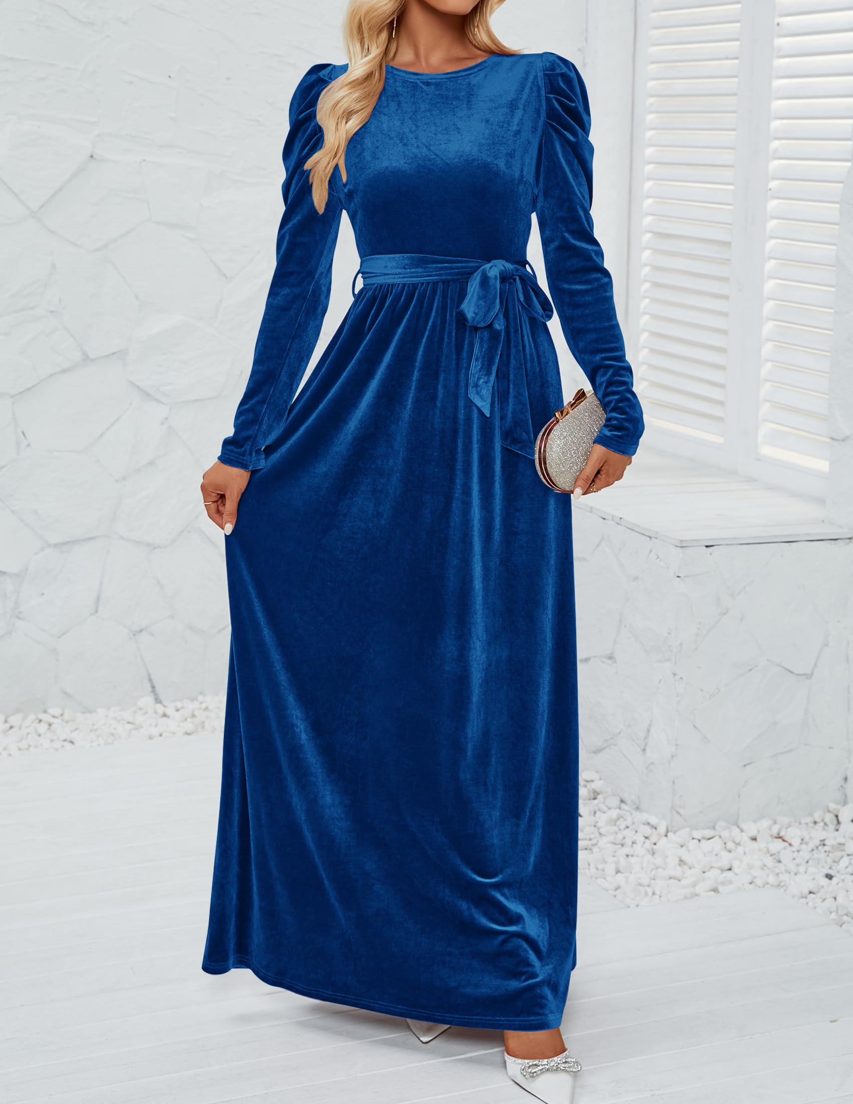 DingJiDress Wedding Guest Dress Women's Velvet Maxi Dress Long Puff Sleeve Crew Neck Elastic High Waist Cocktail Party Formal Wear Dresses Evening Dress