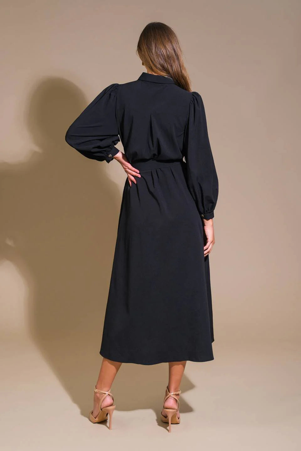 DingJiDress November December Wedding Guest Dress Solid Woven Midi Dress Featuring Shirt Collar Long Sleeve Button Down Side Pockets Self Sash Tie Formal Party Dress