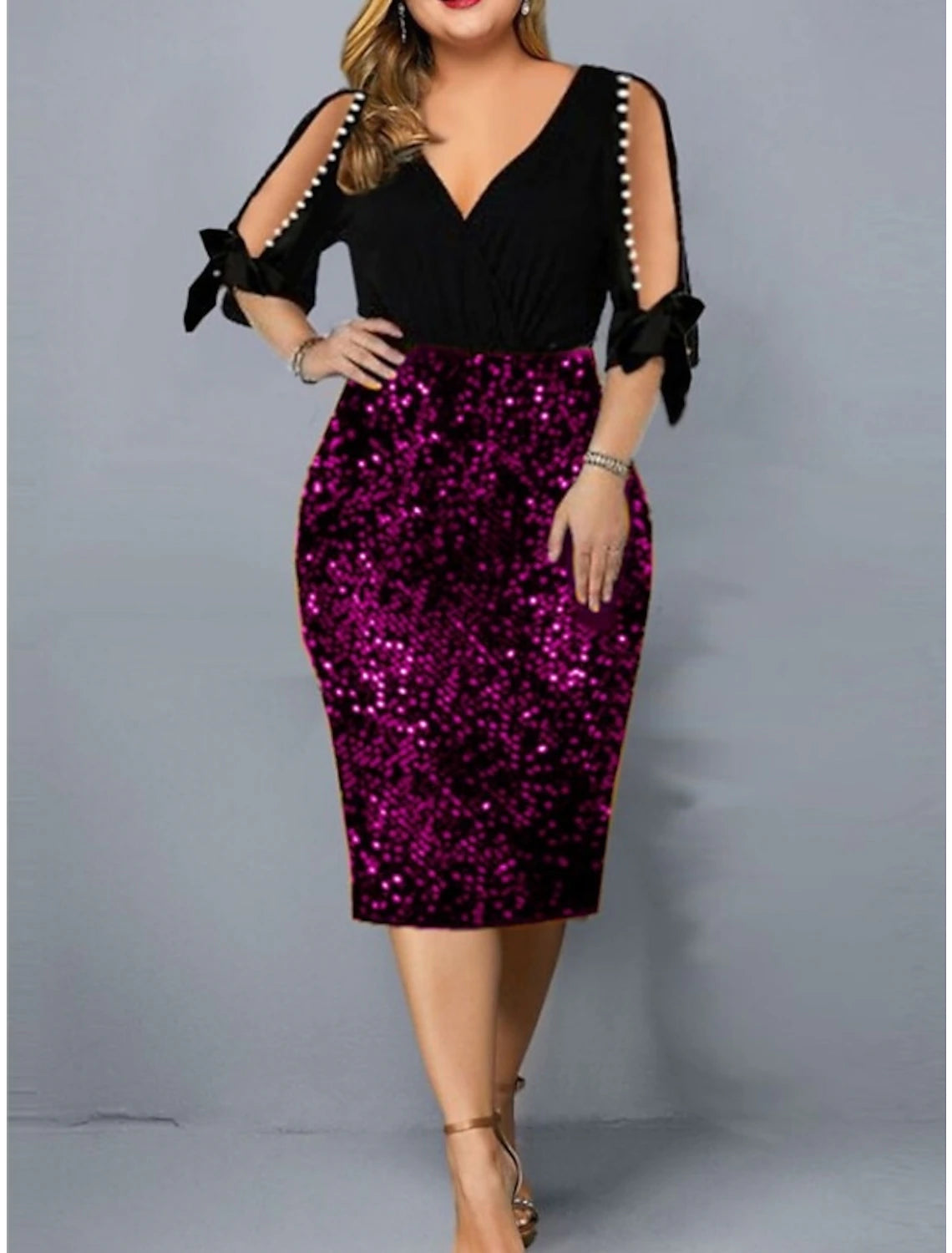 Sheath / Column Party Dresses Sparkle & Shine Dress Party Wear Fall Tea Length Half Sleeve V Neck Sequined with Glitter Bow(s)