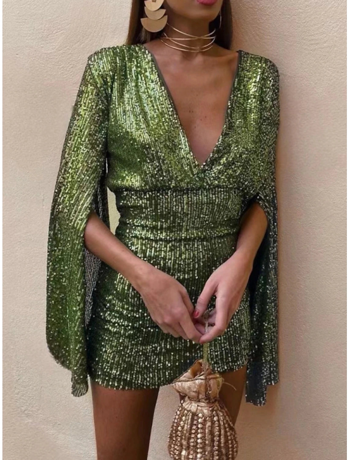 Sheath / Column Party Dresses Backless Dress Party Wear Short / Mini Long Sleeve V Neck Sequined Backless with Glitter Ruched