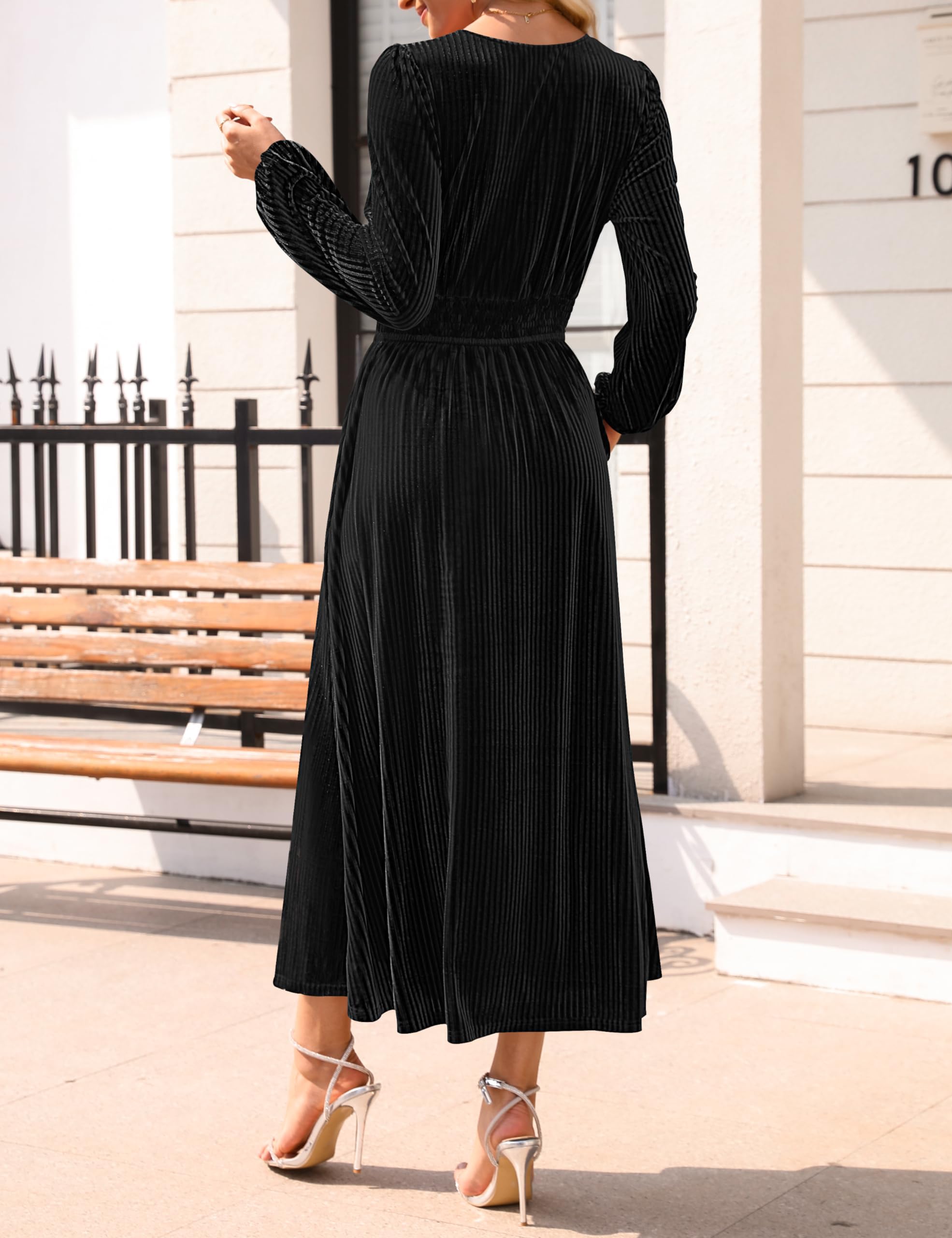 DingJiDress Wedding Guest Dress Women's Velvet Midi Dress Casual V Neck Long Sleeve Solid Color Elastic High Waist Flowy Evening Party Dresses Formal Wear Dresses Evening Dress