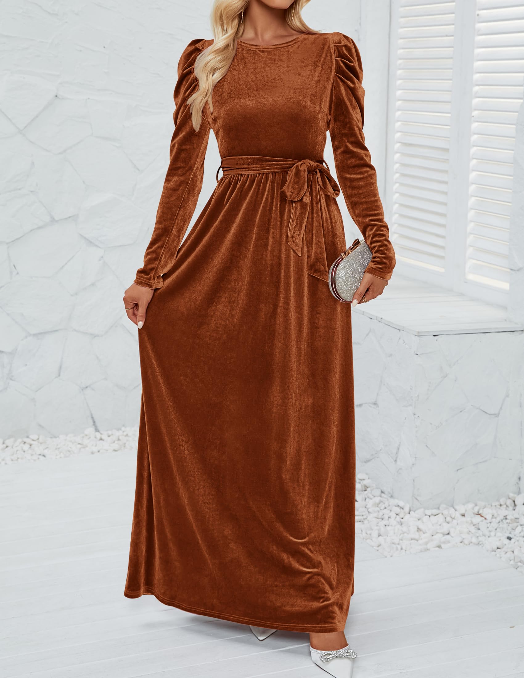 DingJiDress Wedding Guest Dress Women's Velvet Maxi Dress Long Puff Sleeve Crew Neck Elastic High Waist Cocktail Party Formal Wear Dresses Evening Dress