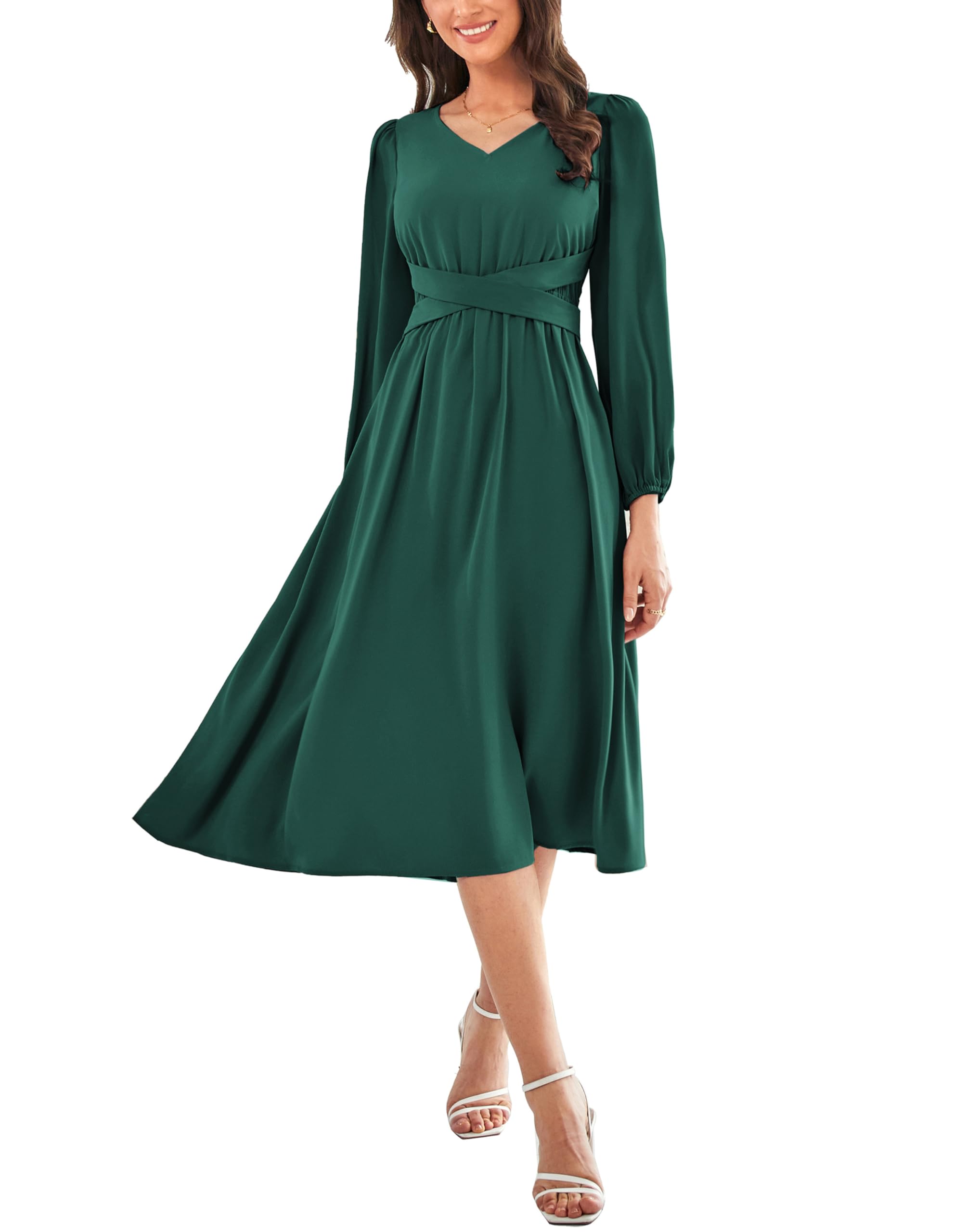 DingJiDress Mother of the Groom / Bride Dresses Women's Chiffon Dresses V Neck Long Sleeve Smocked Waist A-Line Midi Length Formal Dresses Wedding Guest Dress