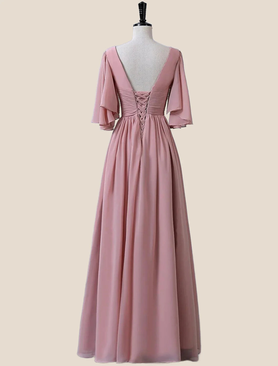 A-Line Bridesmaid Dress V Neck Half Sleeve Elegant Floor Length Chiffon with Pleats / Ruffles