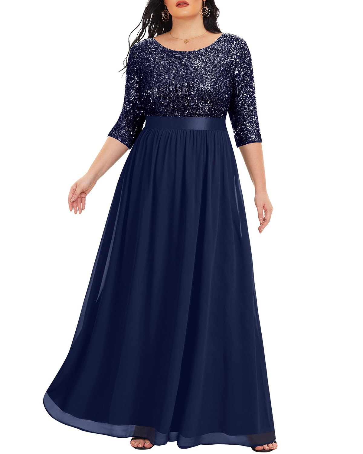 DingJiDress Mother of the Groom / Bride Dresses Plus Size sequin Chiffon Long Maxi 3/4 Sleeve V-Back Formal Dress Formal Dresses Wedding Guest Dress