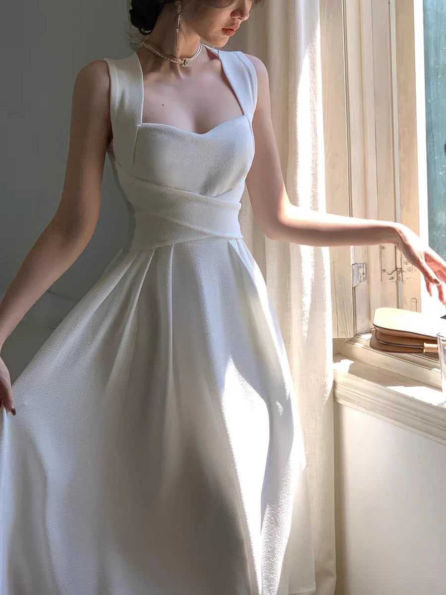 DingJiDress Formal Women's Dresses A Line Heart-shaped collar Sleeveless Gathered Waist Sweet Simple Wedding Dress