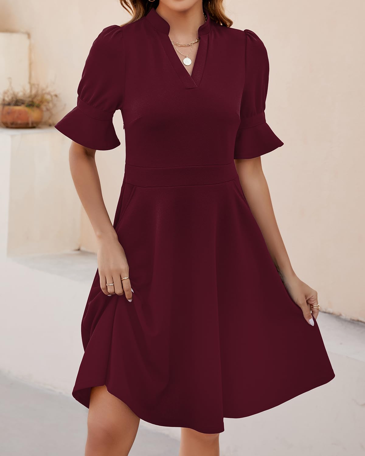DingJiDress Wedding Guest Dress V Neck Ruffle Short Sleeve Fit and Flare Knee Length Church Wedding Guest Dresses with Pockets Formal Wear Dresses Evening Dress