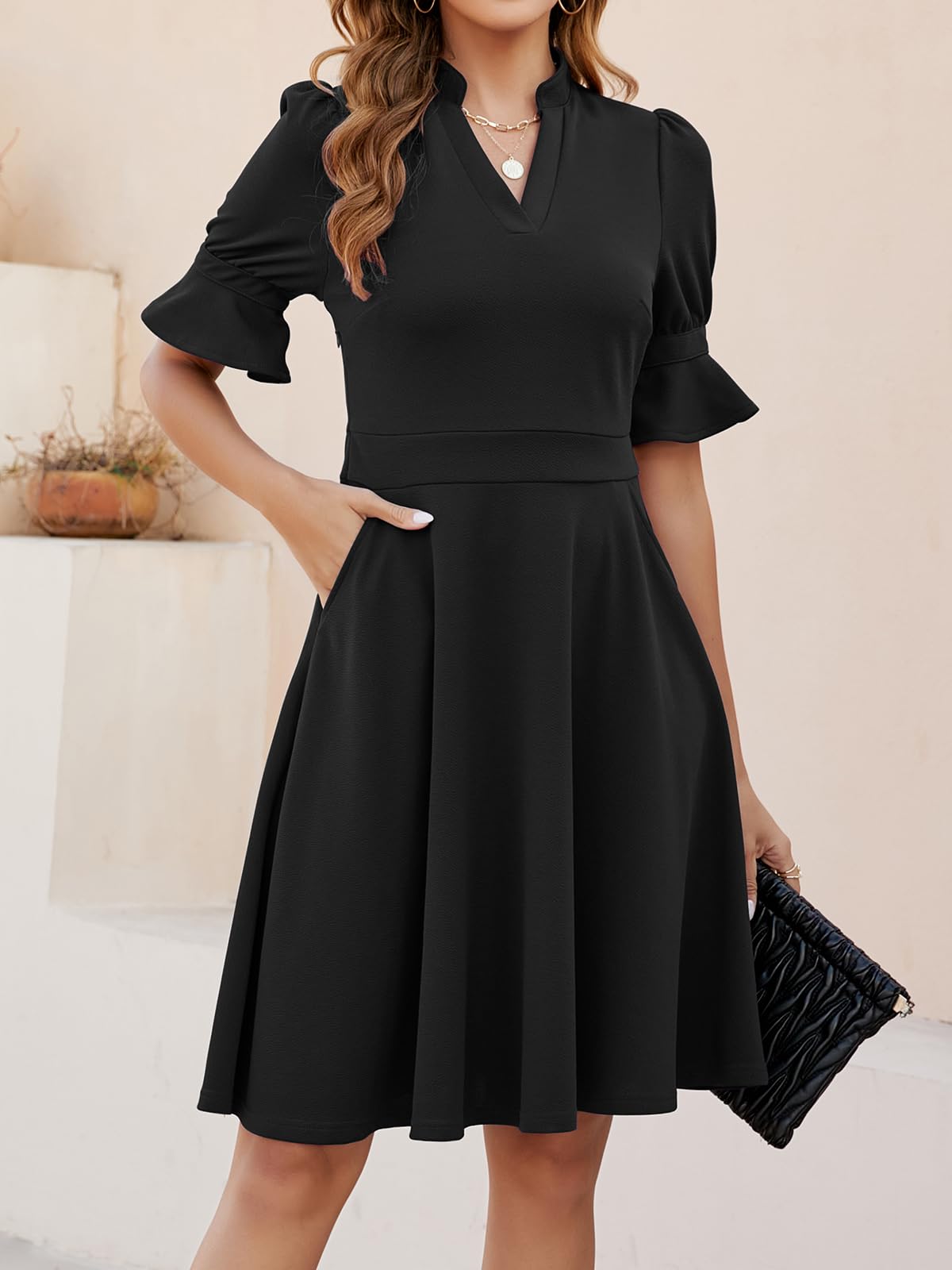 DingJiDress Wedding Guest Dress V Neck Ruffle Short Sleeve Fit and Flare Knee Length Church Wedding Guest Dresses with Pockets Formal Wear Dresses Evening Dress
