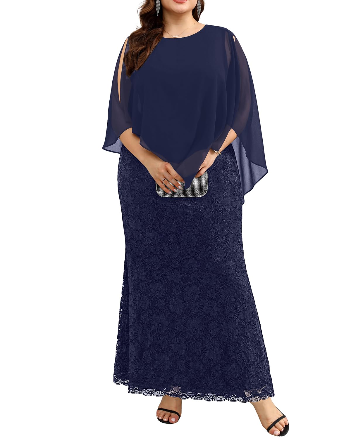 DingJiDress Mother of the Groom / Bride Dresses Plus Size Cape Dress with Chiffon Overlay Gown Lace Long Mermaid Dresses Formal Dresses Wedding Guest Dress