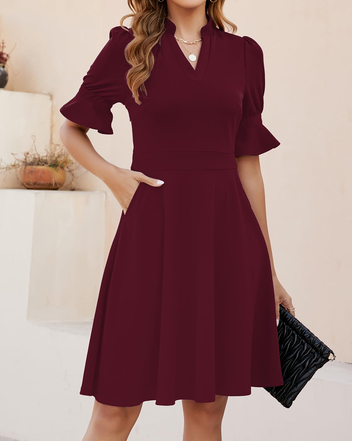 DingJiDress Wedding Guest Dress V Neck Ruffle Short Sleeve Fit and Flare Knee Length Church Wedding Guest Dresses with Pockets Formal Wear Dresses Evening Dress