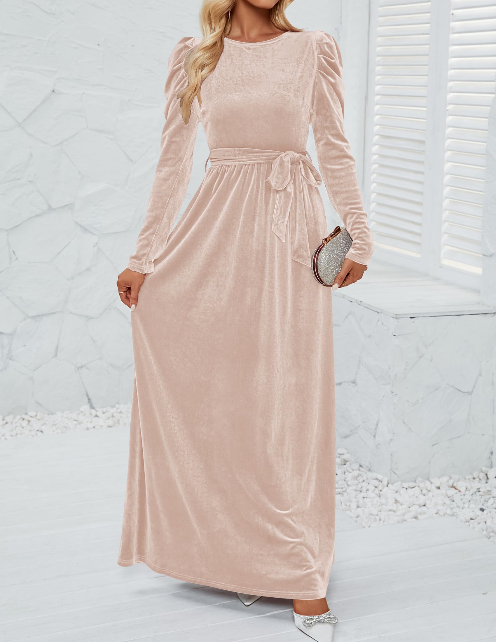 DingJiDress Wedding Guest Dress Women's Velvet Maxi Dress Long Puff Sleeve Crew Neck Elastic High Waist Cocktail Party Formal Wear Dresses Evening Dress