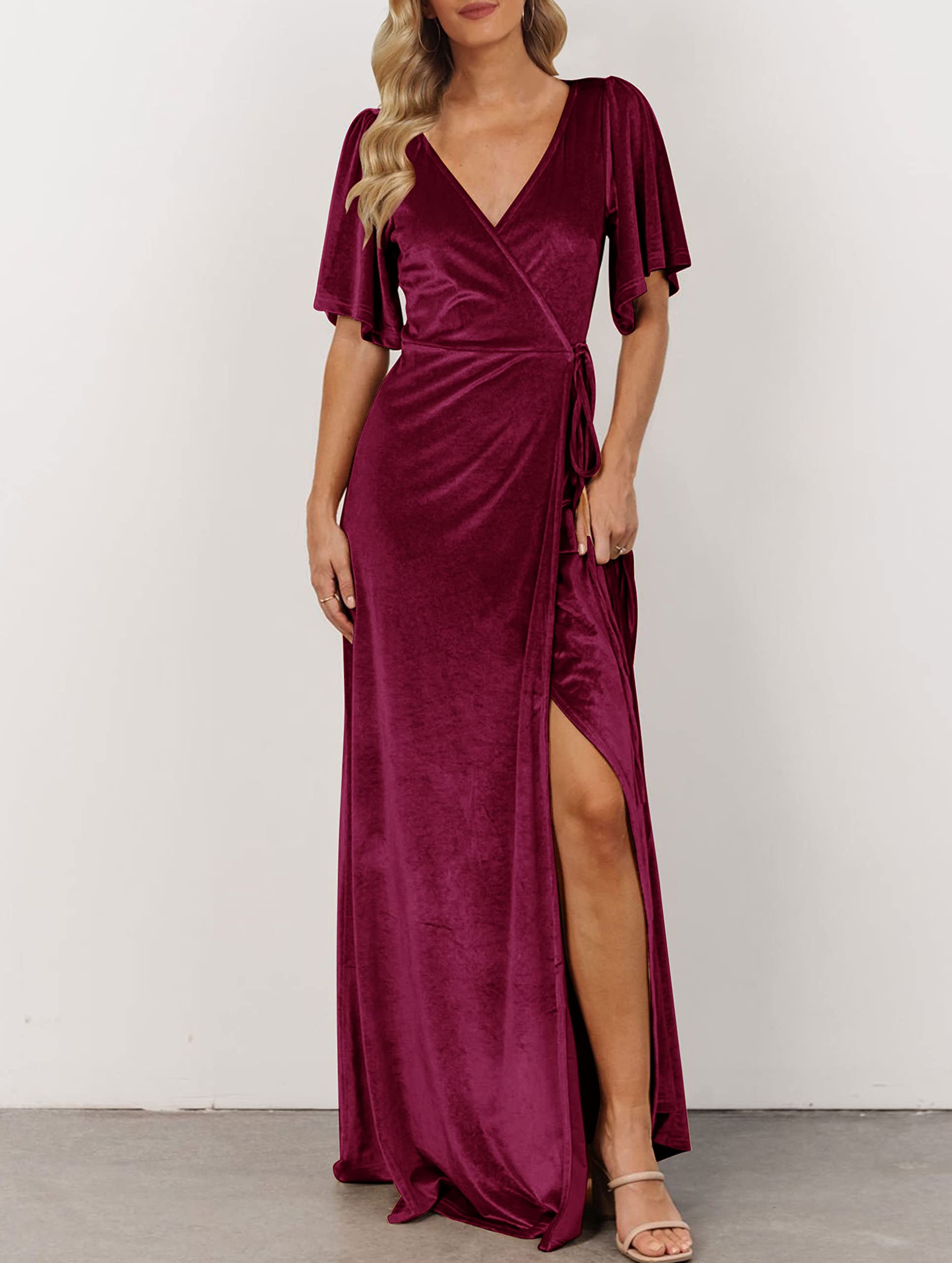 DingJiDress Wedding Guest Dress Women's V Neck Wrap Velvet Maxi Dress Bell Sleeve Split Bridesmaid Cocktail Party Dresses Formal Wear Dresses Evening Dress