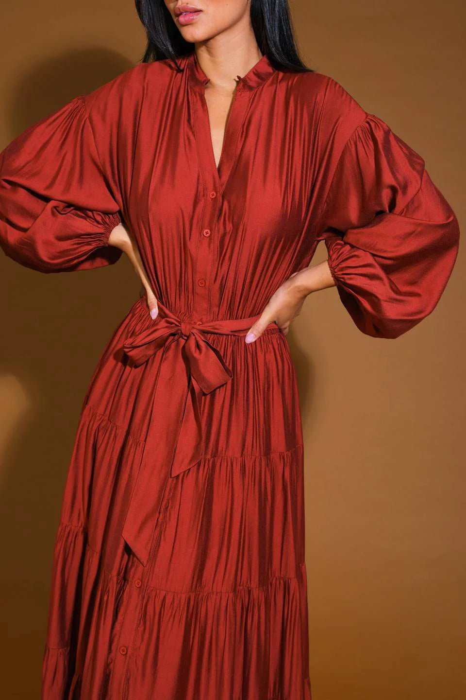 DingJiDress November December Wedding Guest Dress V Neckline Long Sleeve Button Down Elasticized Waist With Self Sash Tie Formal Party Dress