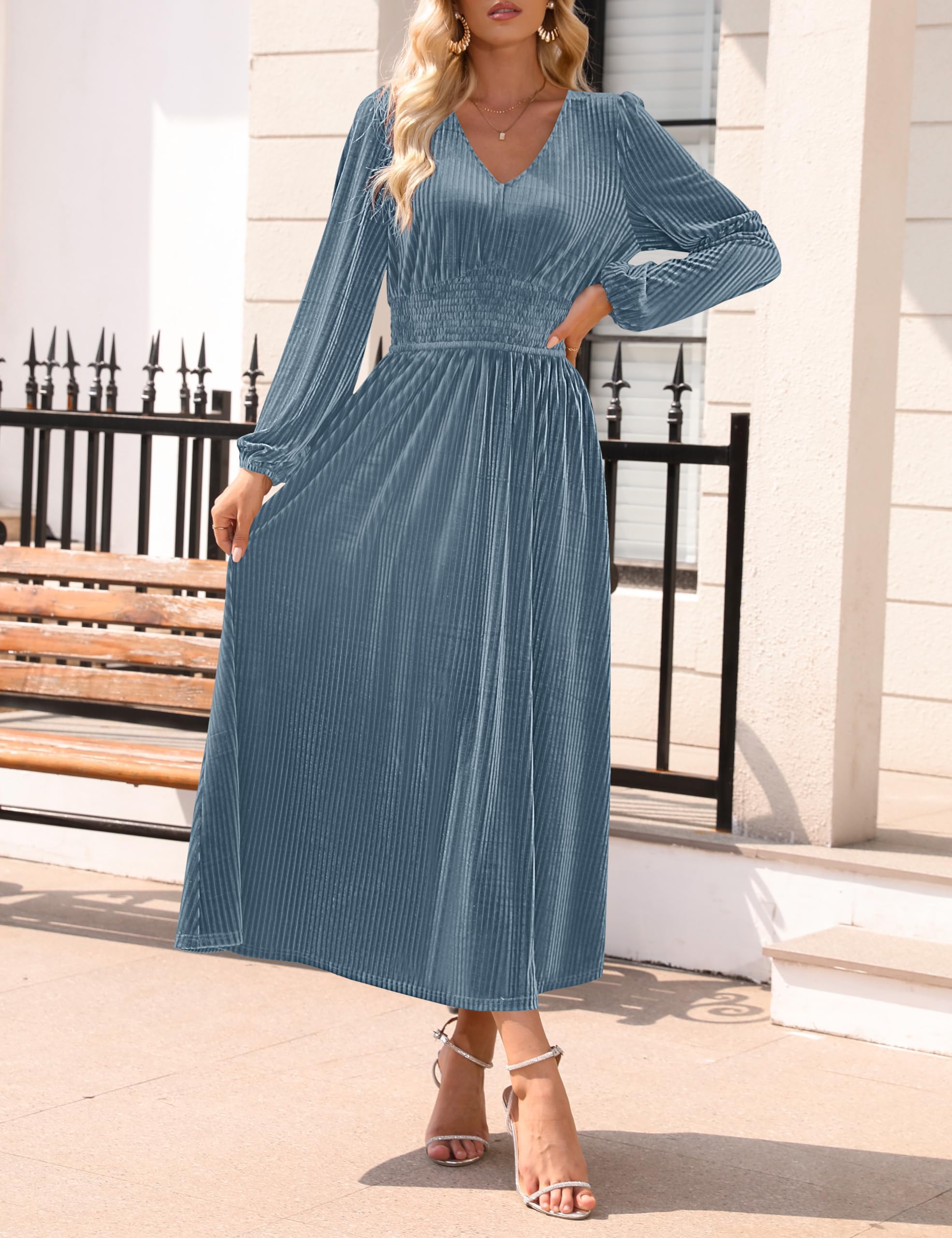 DingJiDress Wedding Guest Dress Women's Velvet Midi Dress Casual V Neck Long Sleeve Solid Color Elastic High Waist Flowy Evening Party Dresses Formal Wear Dresses Evening Dress