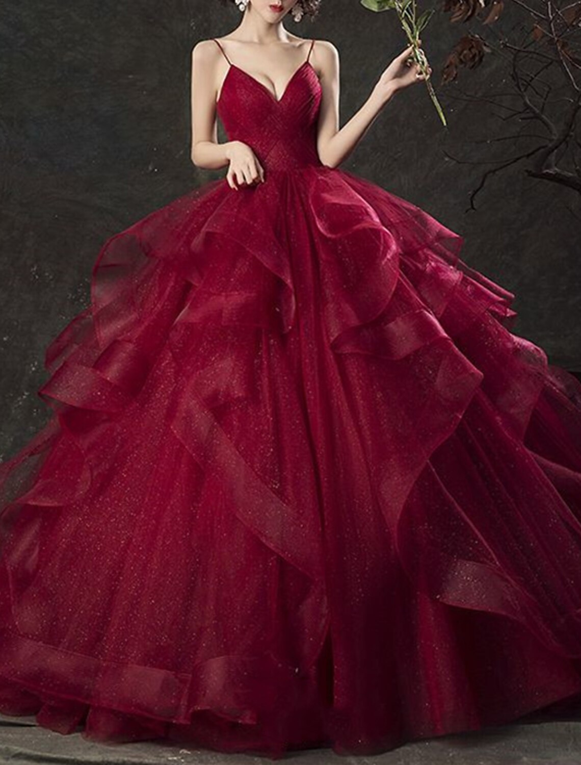 Ball Gown Glittering Luxurious Quinceanera Engagement Valentine's Day Dress V Neck Sleeveless Floor Length Tulle with Tier