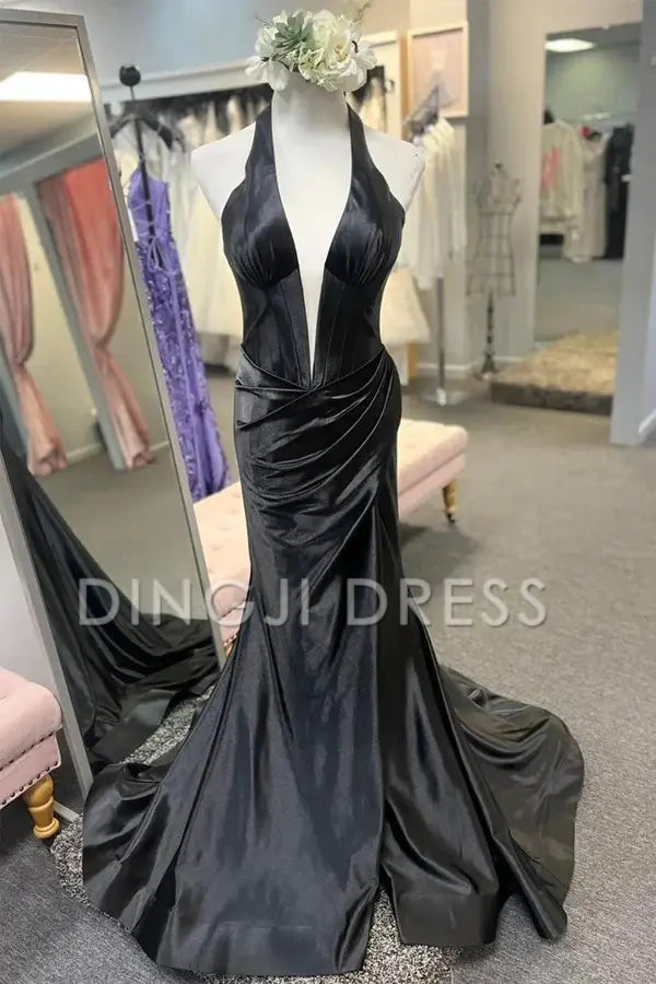 DingJiDress Charming Halter Sleeveless Mermaid Pleated Backless Long with Slit Prom Dress