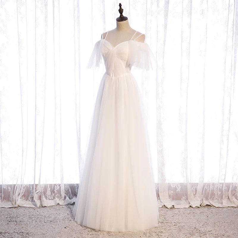 DingJiDress Formal Women's Dresses  A Line Sleeveless Tulle Shoulder Strap Bead String Long Simple Wedding Dress