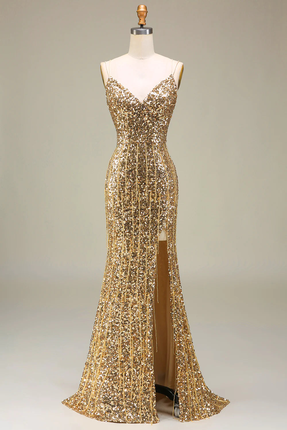DingJiDress Sparkly Mermaid Golden Long Prom Dress with Slit