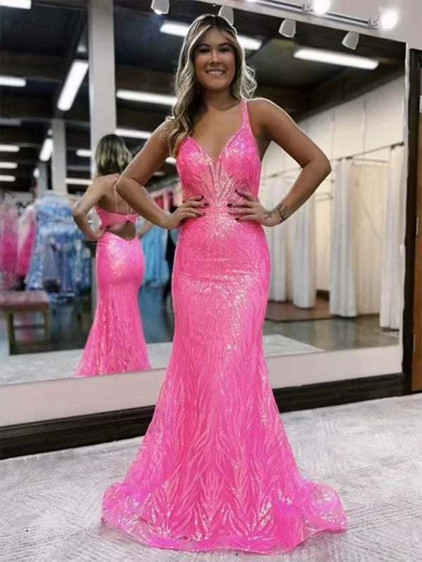 DingJiDress Sheath/Column V-Neck Sleeveless Sweep/Brush Charming Sparkle Prom Dress