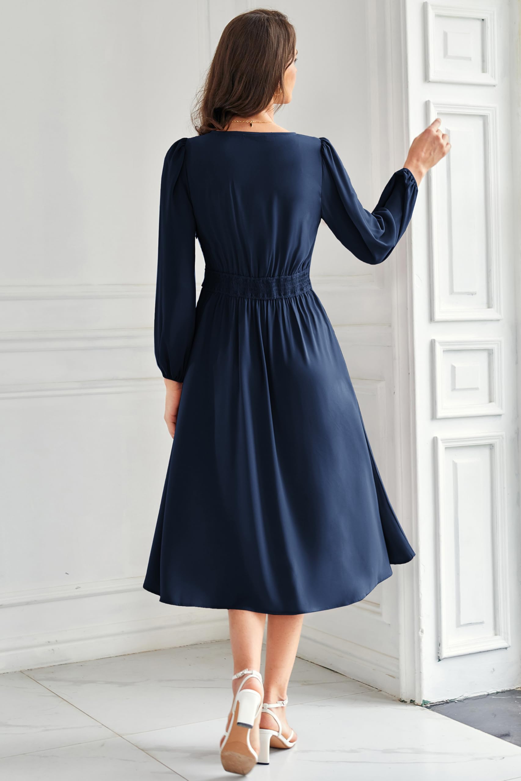 DingJiDress Mother of the Groom / Bride Dresses Women's Chiffon Dresses V Neck Long Sleeve Smocked Waist A-Line Midi Length Formal Dresses Wedding Guest Dress