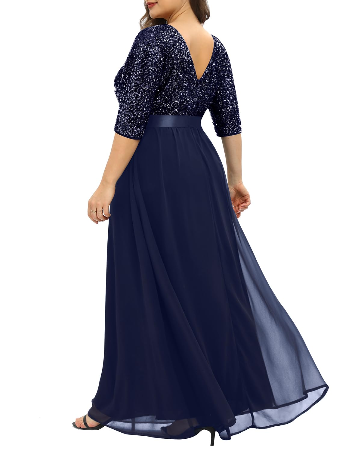 DingJiDress Mother of the Groom / Bride Dresses Plus Size sequin Chiffon Long Maxi 3/4 Sleeve V-Back Formal Dress Formal Dresses Wedding Guest Dress