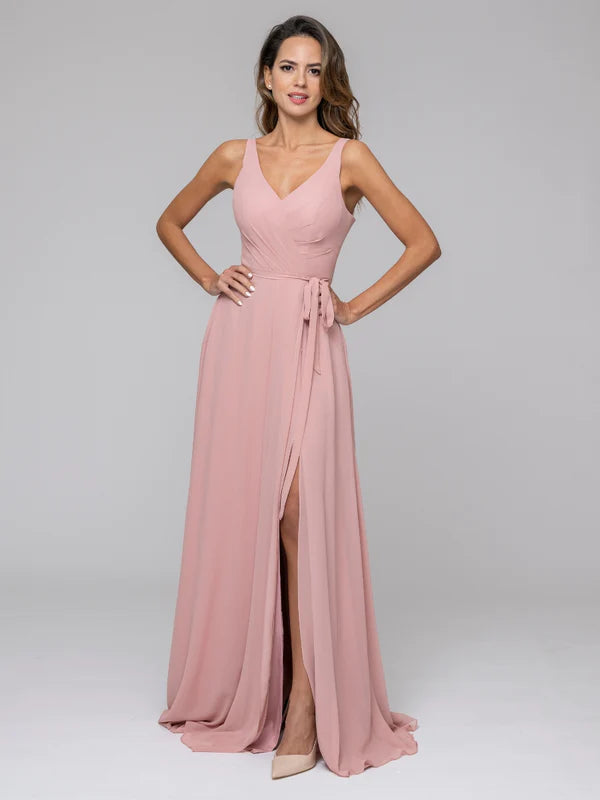 Floor Length Straps Open Back Chiffon Bridal Party Dresses