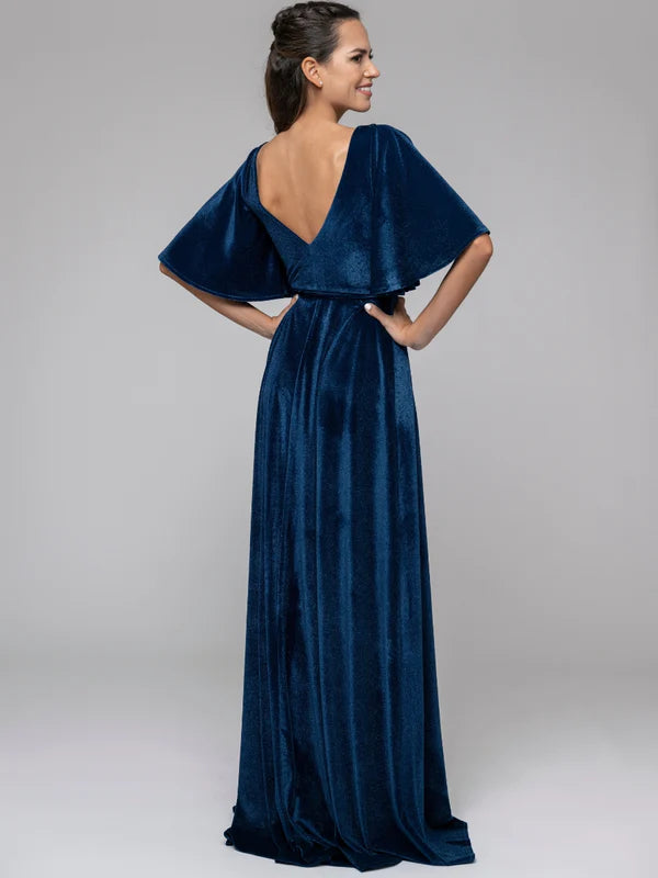 DingJiDress Flutter Sleeve Velvet Wrap Maxi Dress Bridesmaid Dresses