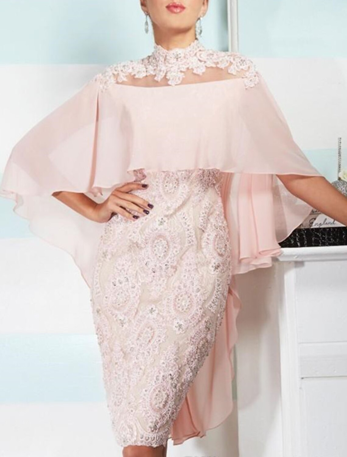 Mermaid / Trumpet Cocktail Dresses Luxurious Kentucky Derby Dress Party Wear Knee Length Sleeveless High Neck Chiffon with Beading Appliques