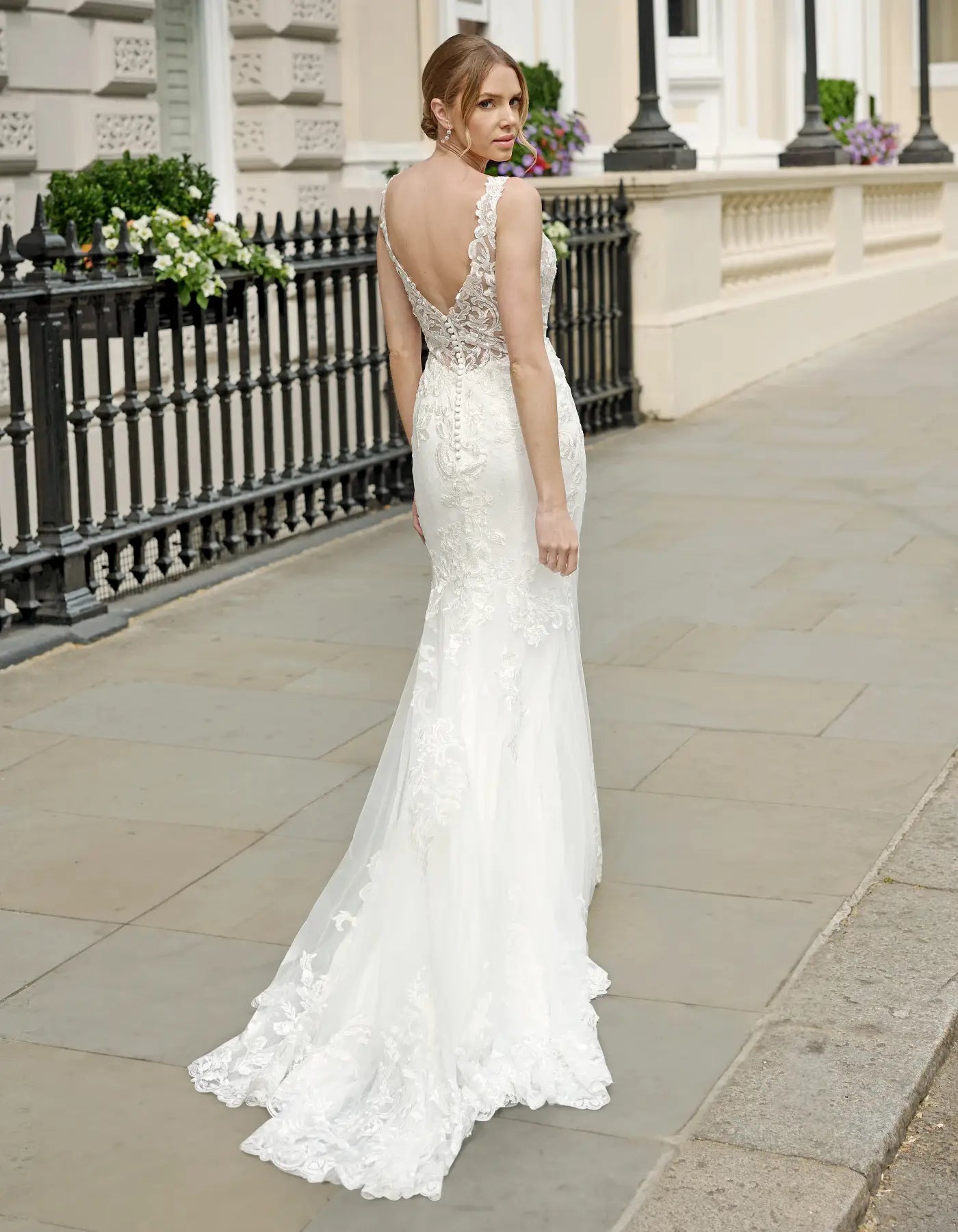 a modern lace sheath gown