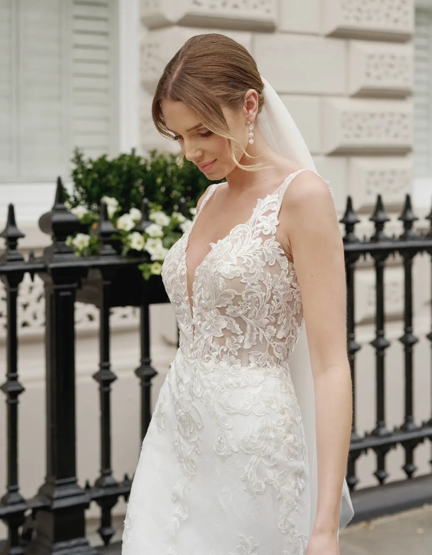 a modern lace sheath gown