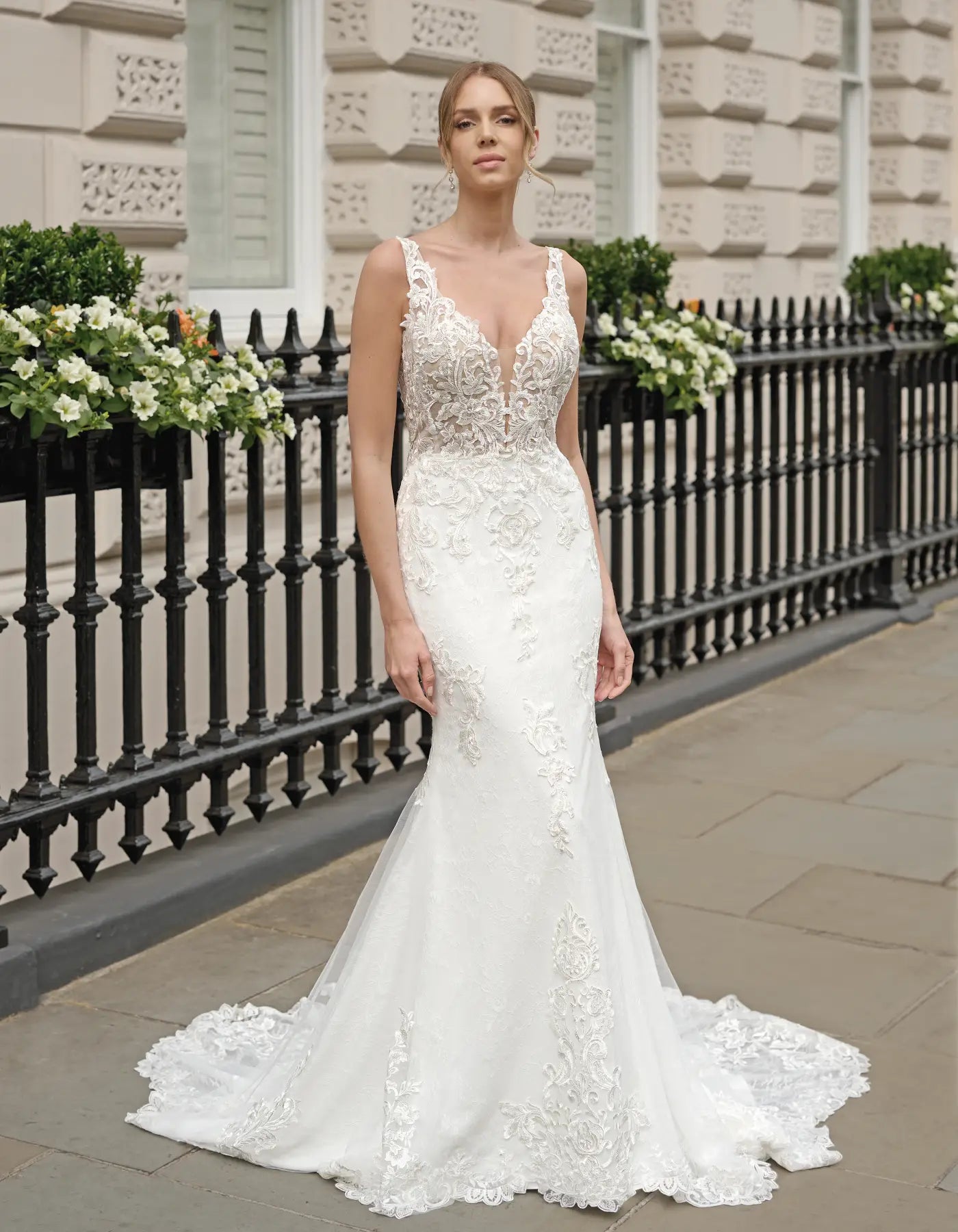 a modern lace sheath gown