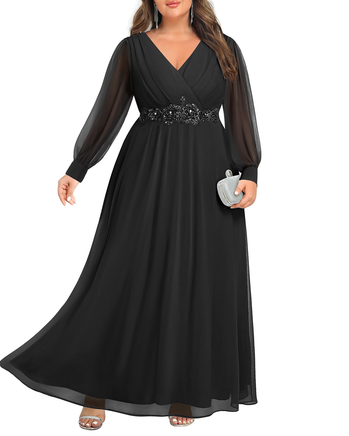 Mother of the Bride or Groom Dresses Fashion Women Plus Size Long Sleeve Applique Chiffon Maxi Dress Formal Dress Wedding Guests Dresses