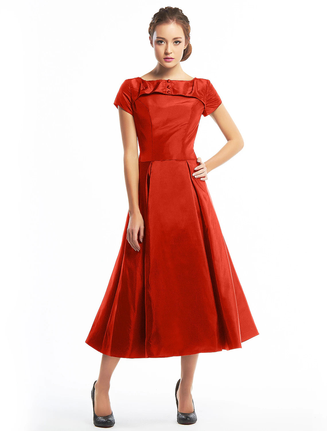 A-Line Vintage Dress Homecoming Wedding Guest Tea Length Short Sleeve Boat Neck Taffeta with Buttons