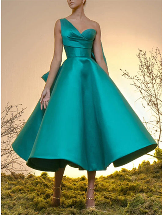 Ball Gown Cocktail Black Dress Vintage Dress Homecoming Wedding Guest Tea Length Sleeveless One Shoulder Satin with Bow(s)