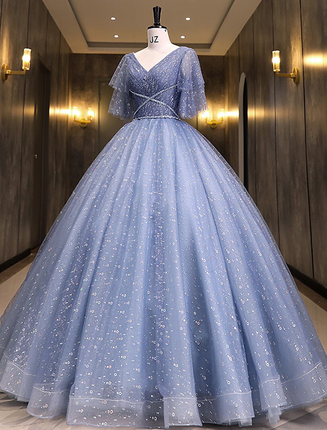Ball Gown Quinceanera Dresses Princess Dress Performance Quinceanera Floor Length Short Sleeve V Neck Polyester with Sequin