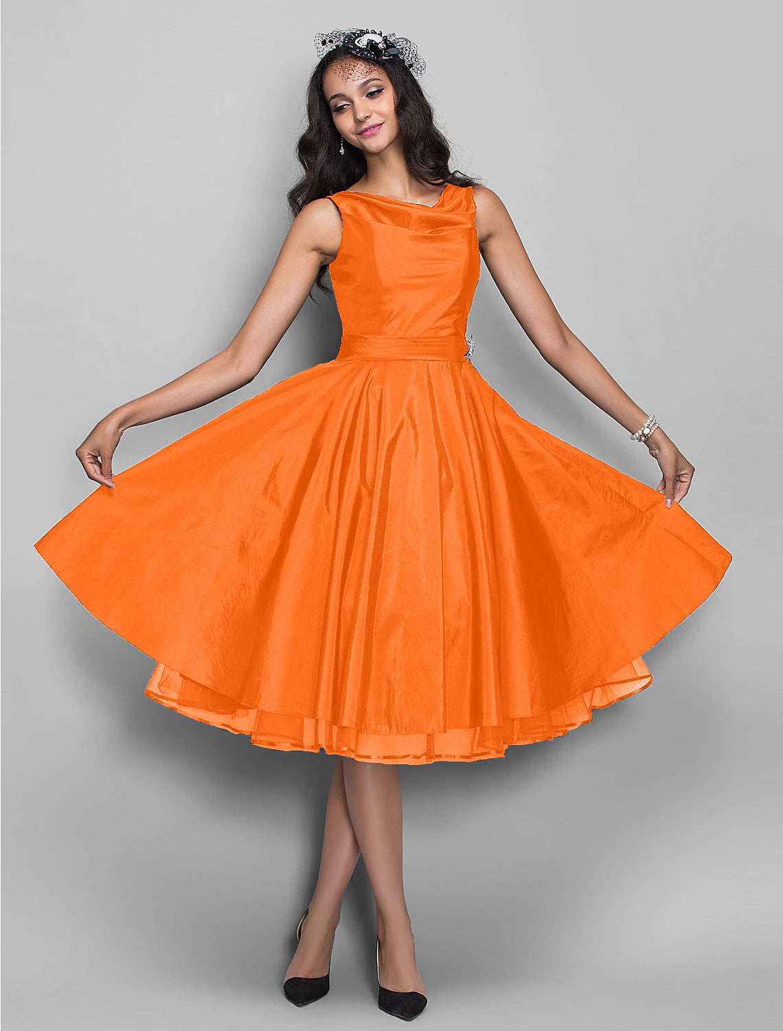 A-Line Cocktail Dresses Vintage Dress Halloween Wedding Guest Knee Length Sleeveless V Neck Taffeta with Pleats Crystals
