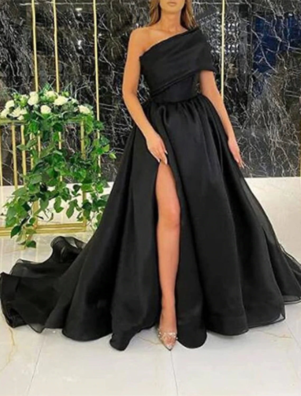Ball Gown Evening Gown Celebrity Style Dress Wedding Guest Birthday Court Train Sleeveless One Shoulder Wednesday Addams Family Organza