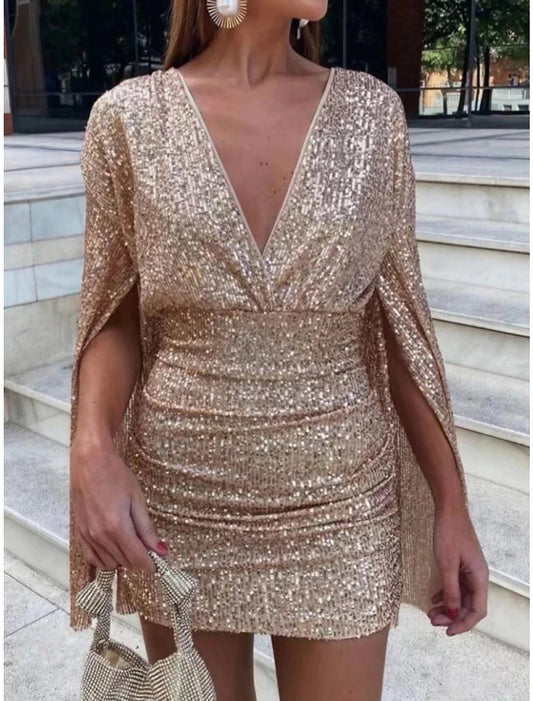 Sheath / Column Party Dresses Backless Dress Party Wear Short / Mini Long Sleeve V Neck Sequined Backless with Glitter Ruched