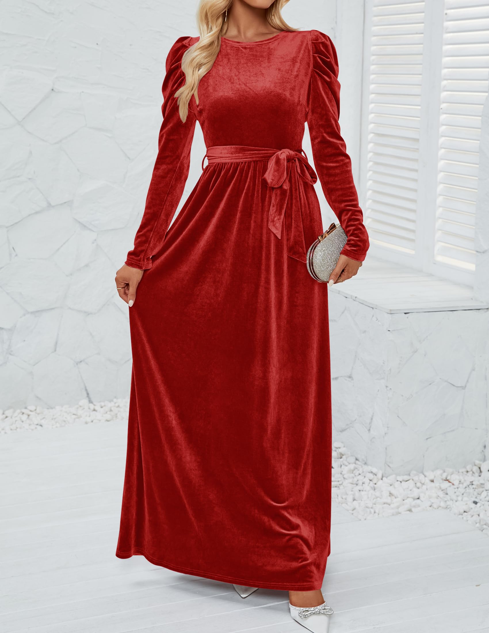 DingJiDress Wedding Guest Dress Women's Velvet Maxi Dress Long Puff Sleeve Crew Neck Elastic High Waist Cocktail Party Formal Wear Dresses Evening Dress