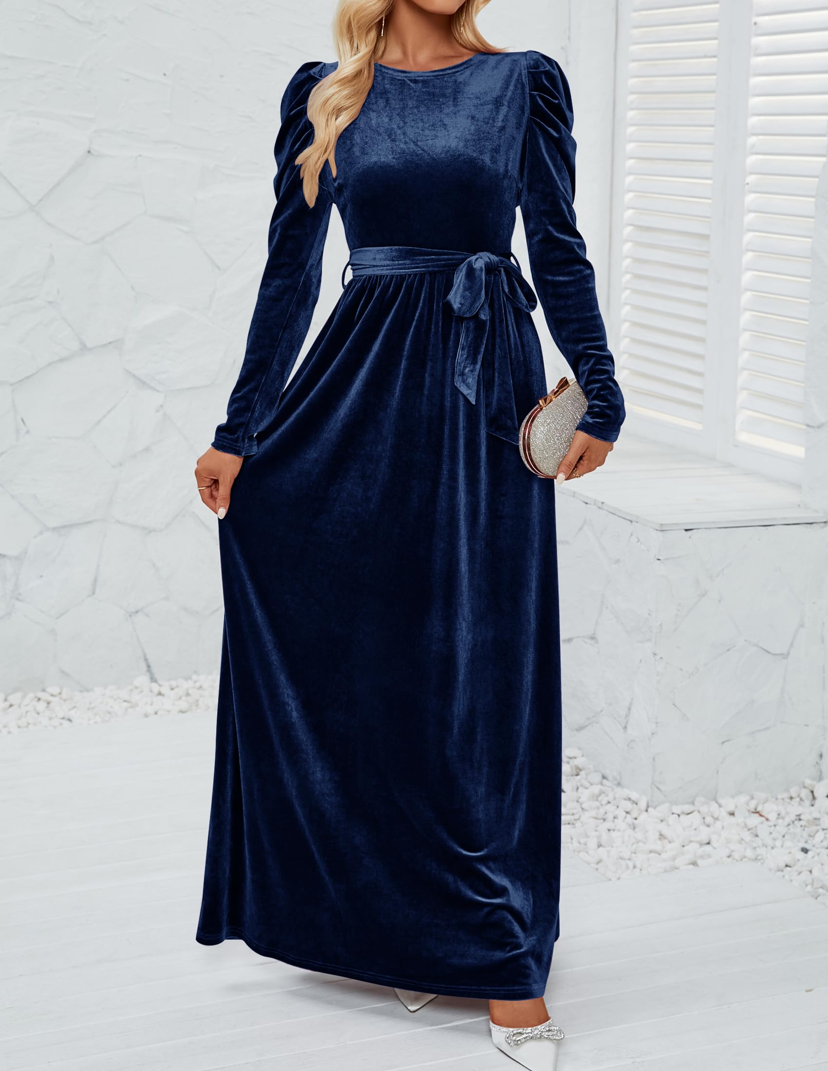 DingJiDress Wedding Guest Dress Women's Velvet Maxi Dress Long Puff Sleeve Crew Neck Elastic High Waist Cocktail Party Formal Wear Dresses Evening Dress