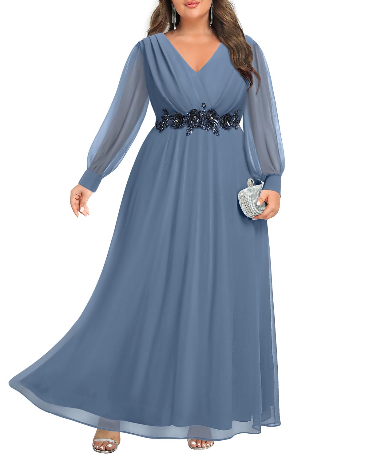 Mother of the Bride or Groom Dresses Fashion Women Plus Size Long Sleeve Applique Chiffon Maxi Dress Formal Dress Wedding Guests Dresses