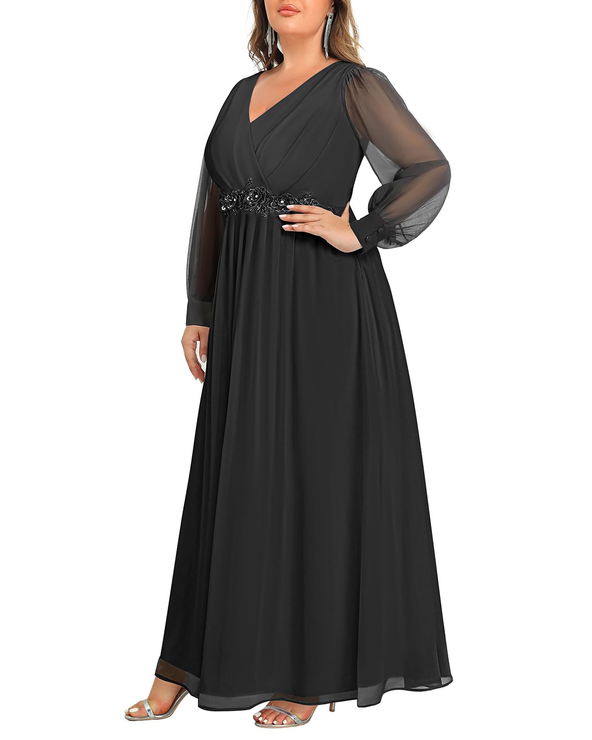 Mother of the Bride or Groom Dresses Fashion Women Plus Size Long Sleeve Applique Chiffon Maxi Dress Formal Dress Wedding Guests Dresses