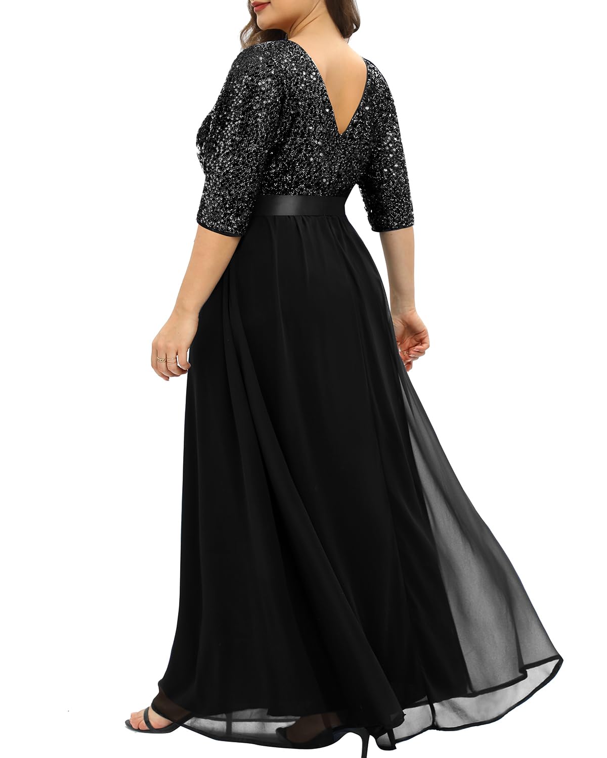 DingJiDress Mother of the Groom / Bride Dresses Plus Size sequin Chiffon Long Maxi 3/4 Sleeve V-Back Formal Dress Formal Dresses Wedding Guest Dress