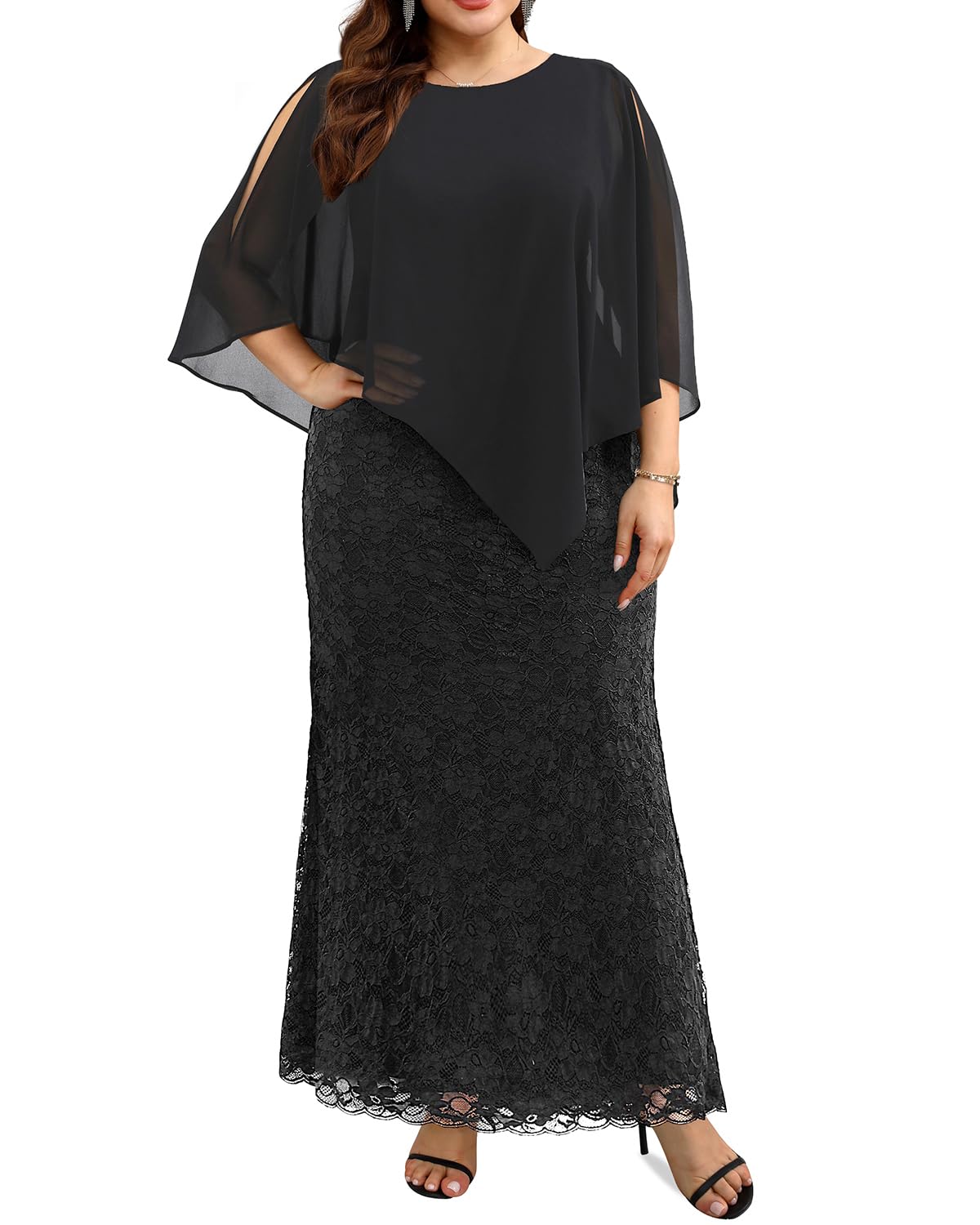DingJiDress Mother of the Groom / Bride Dresses Plus Size Cape Dress with Chiffon Overlay Gown Lace Long Mermaid Dresses Formal Dresses Wedding Guest Dress
