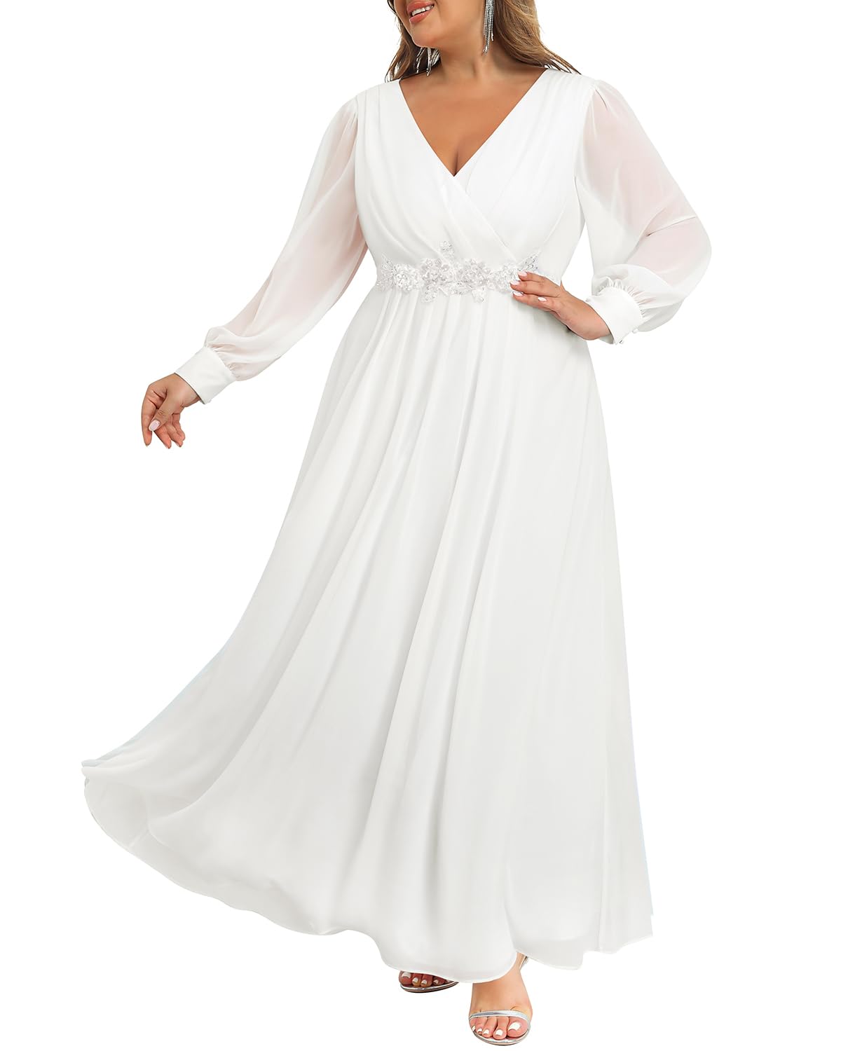 Mother of the Bride or Groom Dresses Fashion Women Plus Size Long Sleeve Applique Chiffon Maxi Dress Formal Dress Wedding Guests Dresses